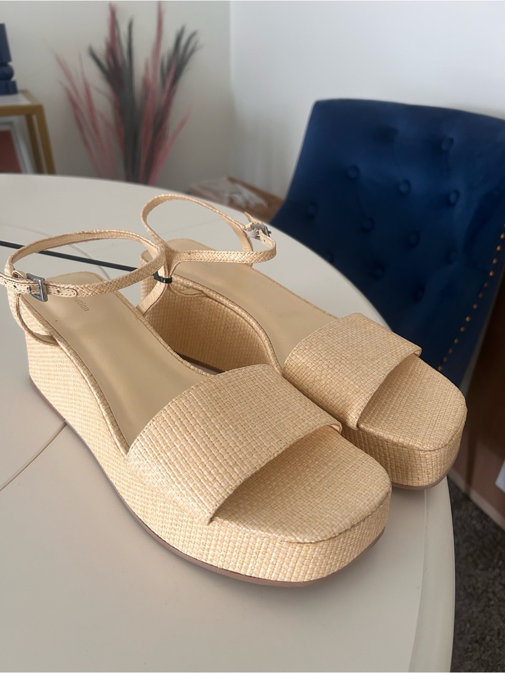 Reformation Beige Woven Ankle-Strap Platform Wedge Sandals